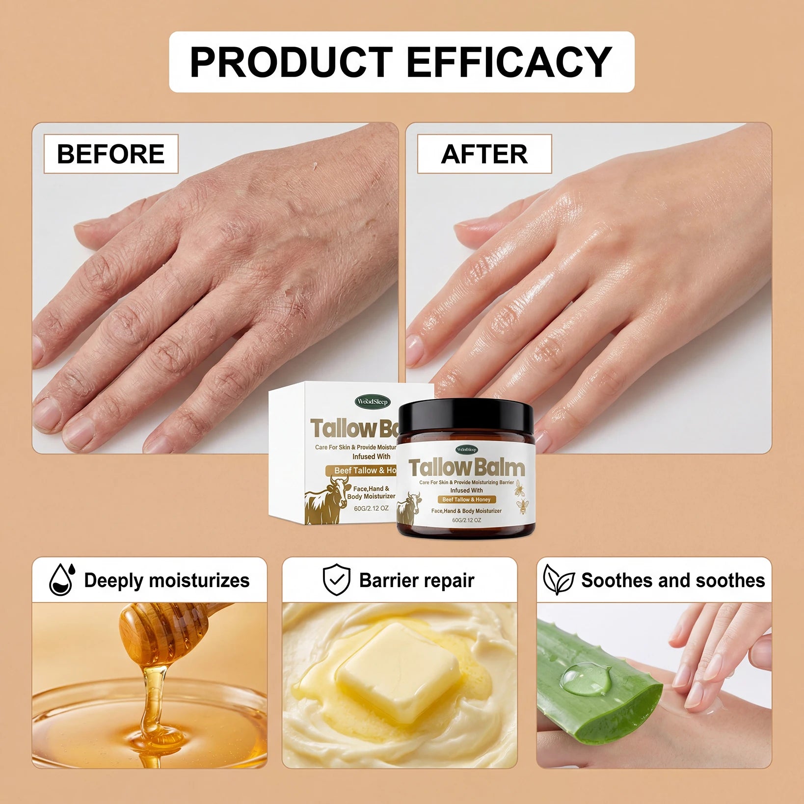 Woodsleep Beef Tallow Honey Skin Balm Mild Hydrating Moisturizer Non Greasy Emulsion Repair Cream for Dry Sensitive Skin Care Oasis Select