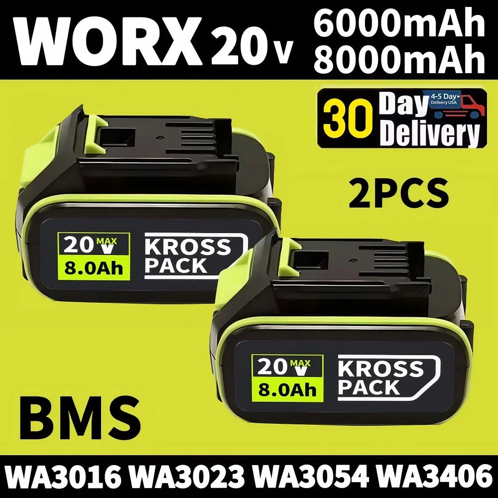 20V 6.0Ah & 8.0Ah WA/WX Tools Battery, 3H Fast Charge with LED Display & 5 Protections, Compatible WA3016/WA3023/WA3054 Oasis Select