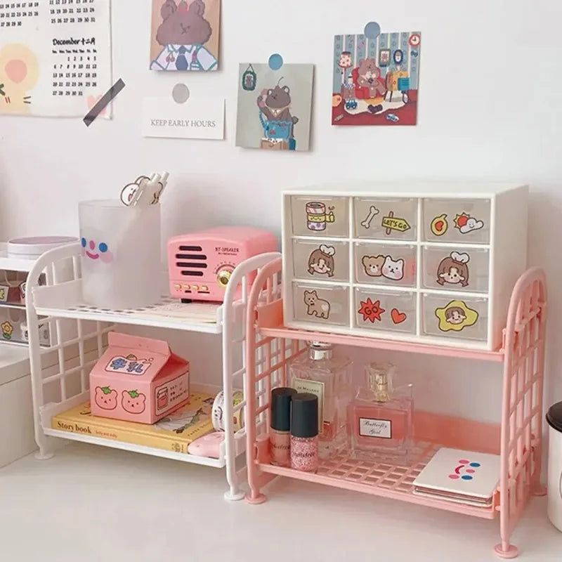 1pcs Cute Desktop Storage Rack Double-layer Removable Cosmetic Organizer Kawaii Stationery Shelf for Dorm Bedroom Desk Decor Oasis Select