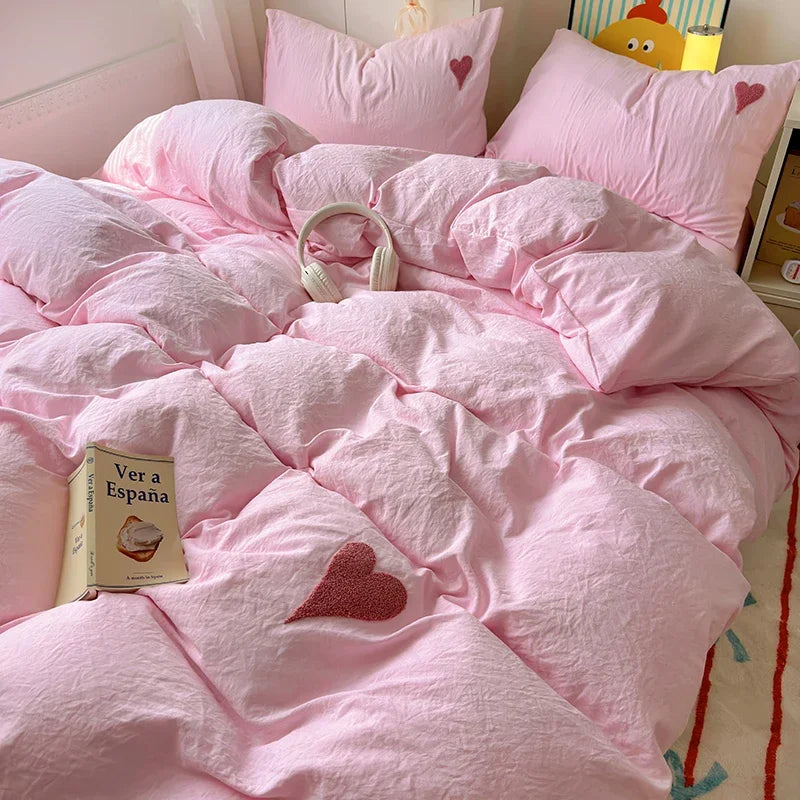 Washed Cotton Bedding Set Super Soft Cool Black Duvet Cover Set Heart-shaped Towel Bedding Skin Friendly Duvet Covers Bed Sheets Oasis Select Pink 150x200 4pcs