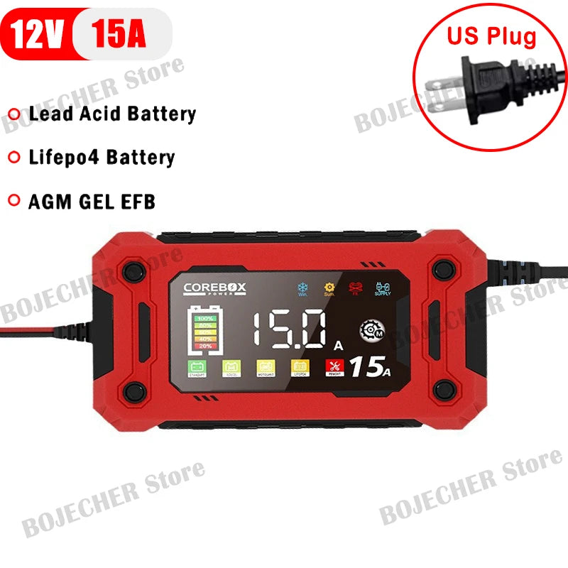 12V 15A Battery Charger Smart Charging For Lifepo4 Lead Acid AGM GEL Lithium Iron Phosphate Batteries With LED Display Car Moto Oasis Select US-Plug