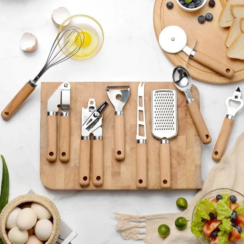 9pcs Cooking Utensils Set Wooden Handle Can Opener Baking Pizza Peeler Egg Beater Cheese Knife Ice Cream Spoon Kitchen Gadget Oasis Select