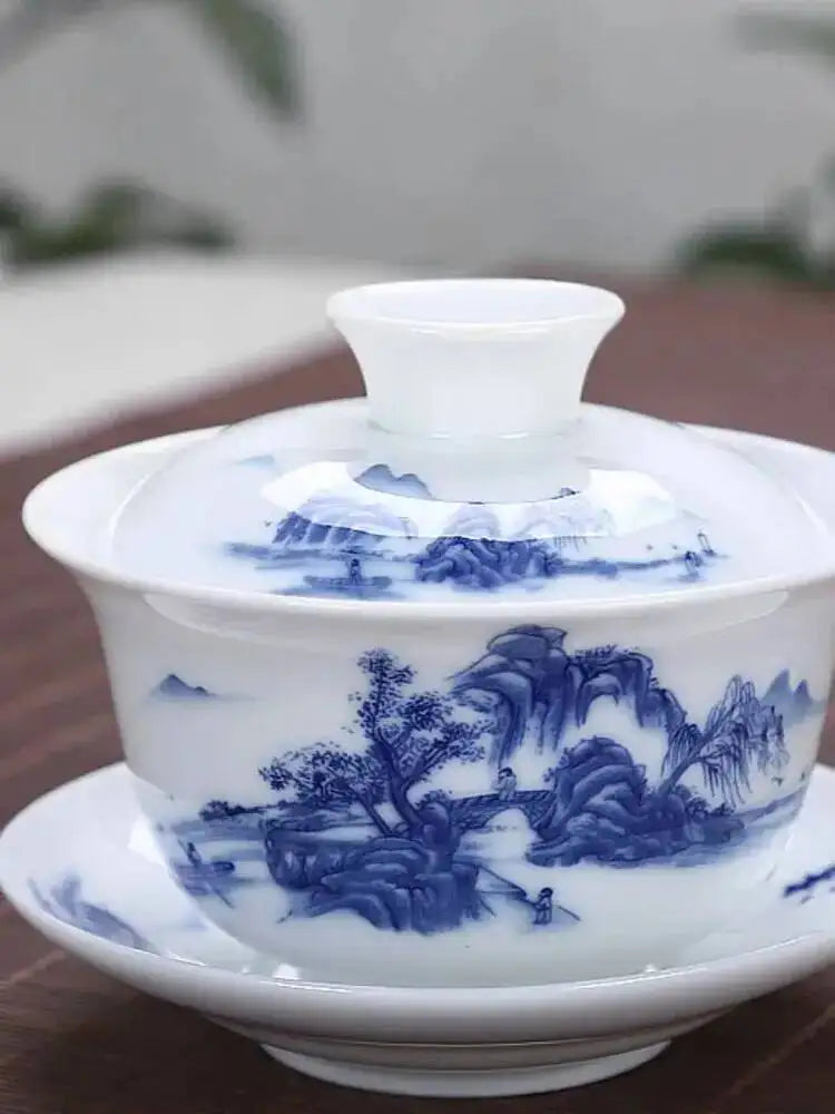 3.8-inch White Porcelain Big Cover Bowl Ceramic Tea Sancai Cover Bowl Blue And White Tea Bowl Oasis Select