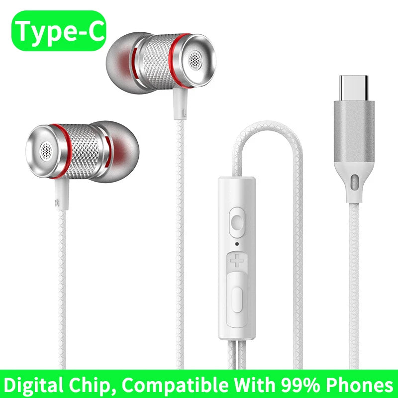 Digital Chip Wired Earphone 3.5mm AUX/Type C In-Ear 9D HiFi Surround Heavy Bass In-Ear Headsets For Samsung Huawei Xiaomi MP3 PC Oasis Select Type-C White