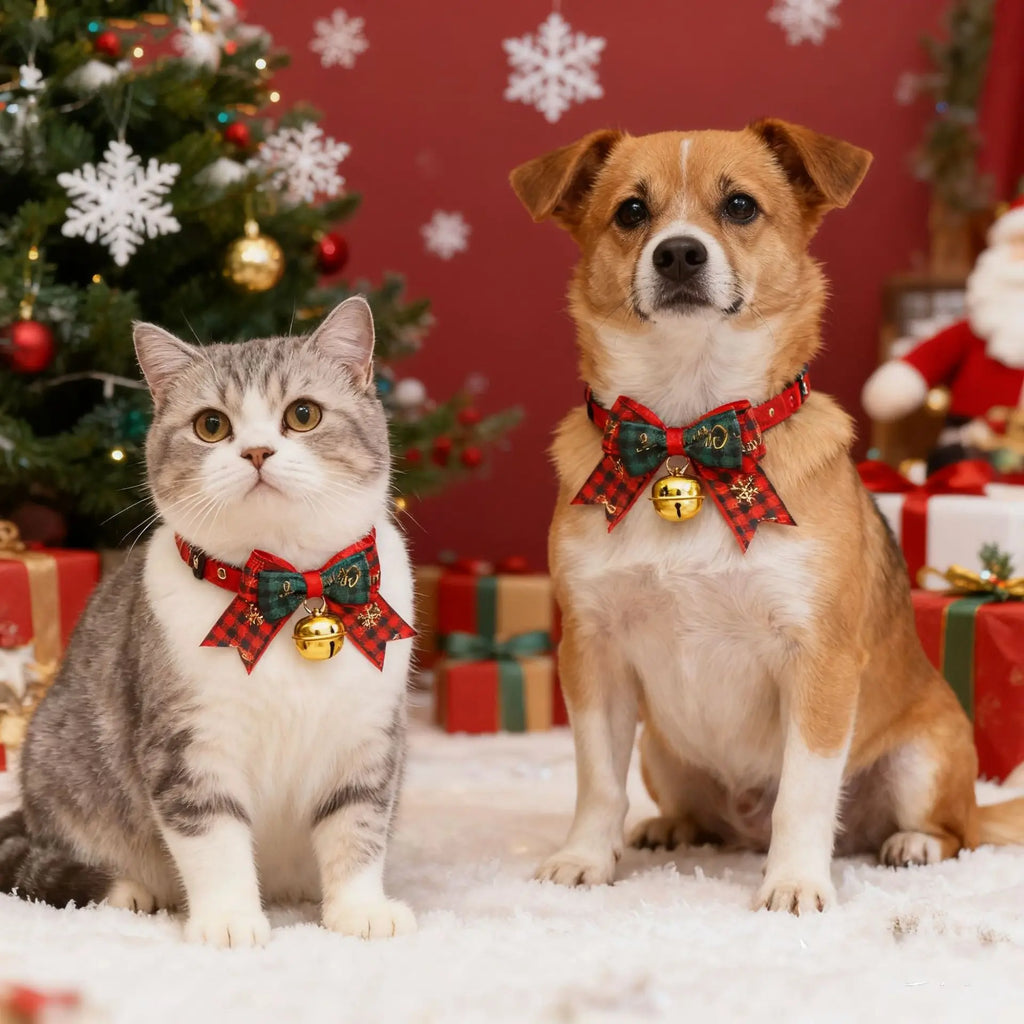 Christmas Pet Collar with Bell Bow Red Green Themed Adjustable Dog Cat Necklace Holiday Party Photo Prop Pet Fashion Oasis Select