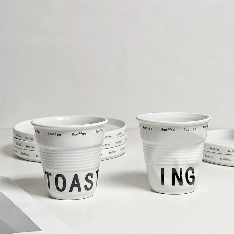 200ml Coffee Mug French Pleated Irregular White Ceramic Nordic Creative Design Wrinkle Cup Tumbler with English Letter Milk Cup Oasis Select