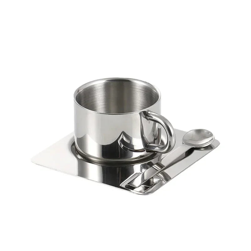 Minimalist Nordic Mug 3pcs Set 304 Stainless Steel Coffee Mug Heat Resistant Milk Cup with Saucer Spoon Placemat Tableware Set Oasis Select 175ml