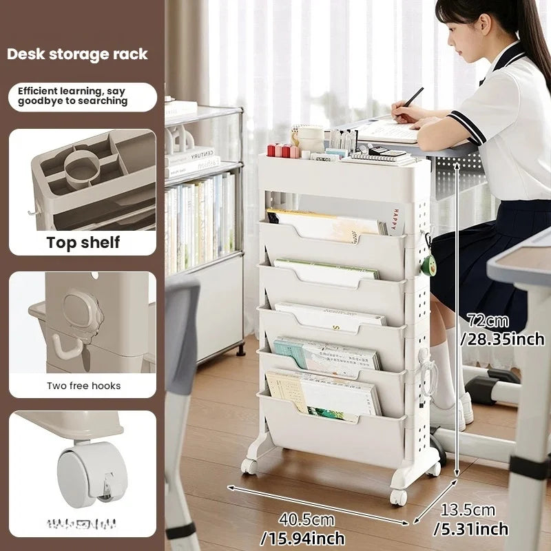 Side table bookshelf, schoolbag storage rack, household multi-level mobile trolley, learning supplies storage rack Oasis Select white