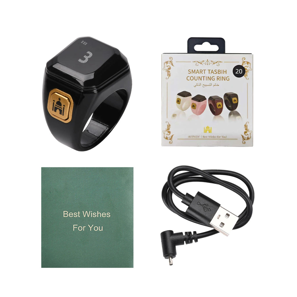 Smart Bluetooth App Ring Counter OLED Digital Display Alarm Clock Prayer Time Vibration Reminder Muslims Zikr Tally Counters Oasis Select Black