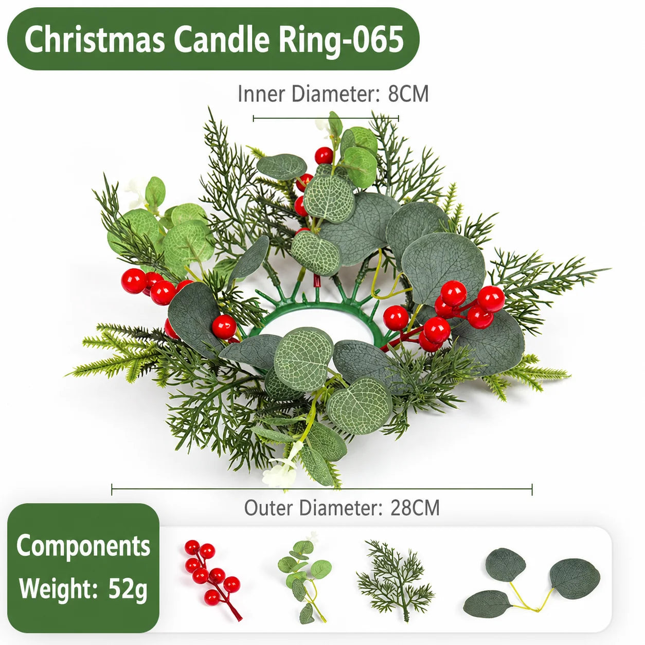 Artificial Christmas Candle Ring Wreath with Pine Cone Red Berries for Table Centerpiece Holiday Home Decoration Oasis Select color 2