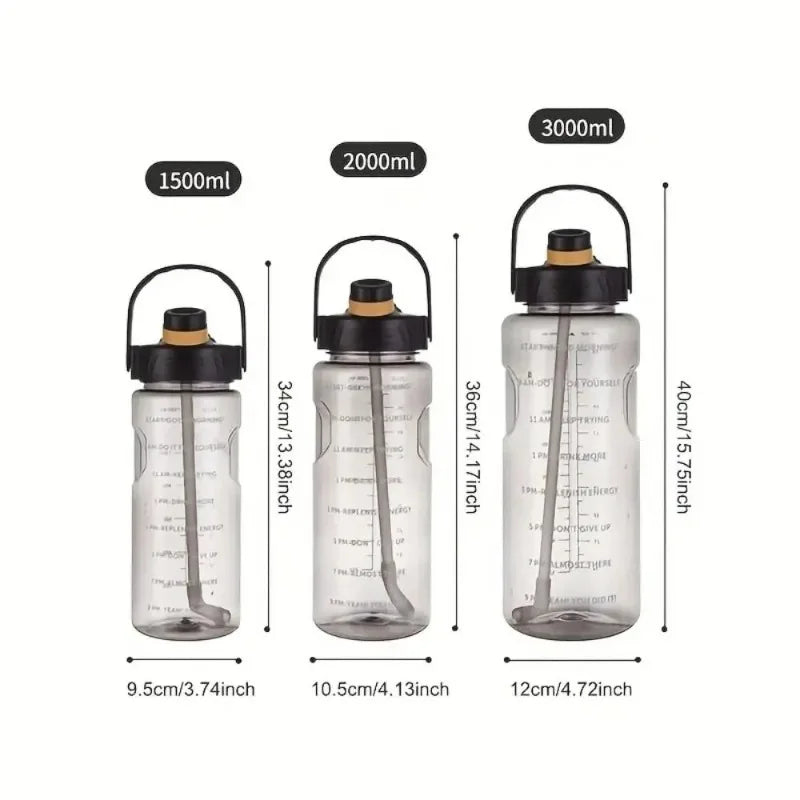 1.5L/2L/3L Sports Water Bottle Portable Leakproof Large Capacity Water Jugs Lightweight with Time Marker Clear Drink Bottle Oasis Select 2.1L black