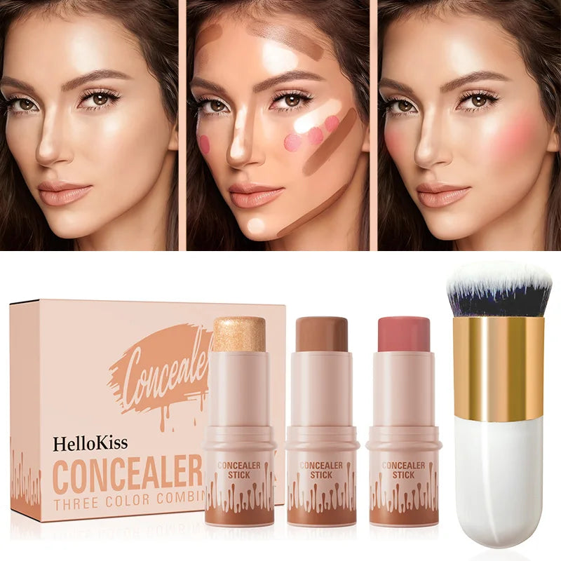 Hello Kiss 4-Piece Contour Highlight Blush Stick Set & Brush