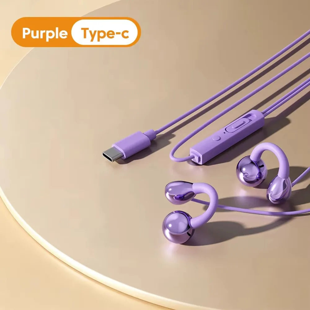 Ear Clip Type Wired Headphones 3.5mm/Type-C HiFi Ear Clip Headphones Wire Control Stereo Earbuds Not In Ear Headphones Oasis Select purpel type-c
