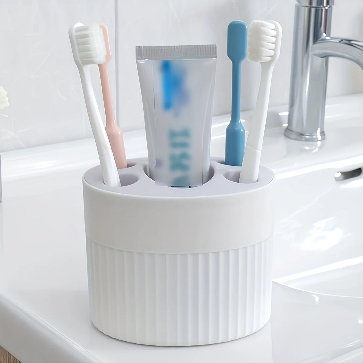 4 Slot Toothbrush Holder ABS Plastic Bathroom Organizer Freestanding Toothpaste Stand with Drain Holes for Home Gift Festival Oasis Select White
