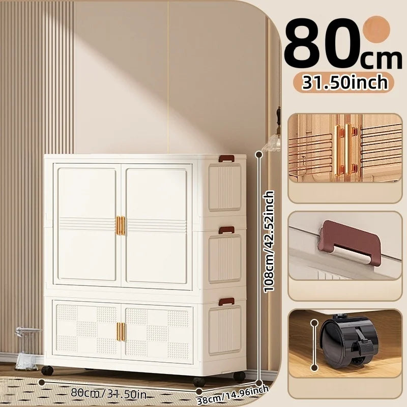 COIZYZZL 31.5 Inch Foldable Storage Wardrobe, 2-6 Tier Multi-Combos with Rolling Wheels, Large Capacity for Living Room/Bedroom Oasis Select White 1Large 1Small