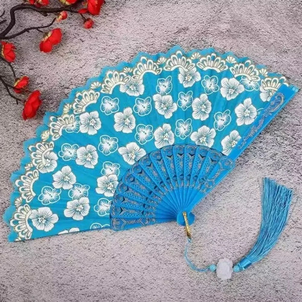 Chinese Folding Fan – Flower Pattern Hanfu Fan with Tassel