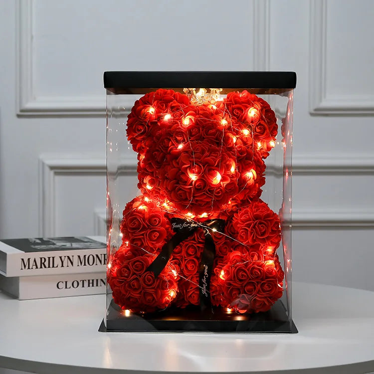 25cm Artificial Teddy Rose Flower Bear with Box Romantic Valentines Day Gift Girlfriend Anniversary Wedding Party Supplies Oasis Select