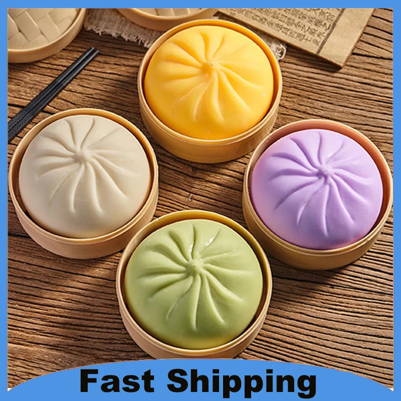 Colorful Dumpling Squishes Stress Balls Fidget Sensory Toys Simulation Food Squishies Bun with Steamer Squeeze Dough Ball Gifts Oasis Select