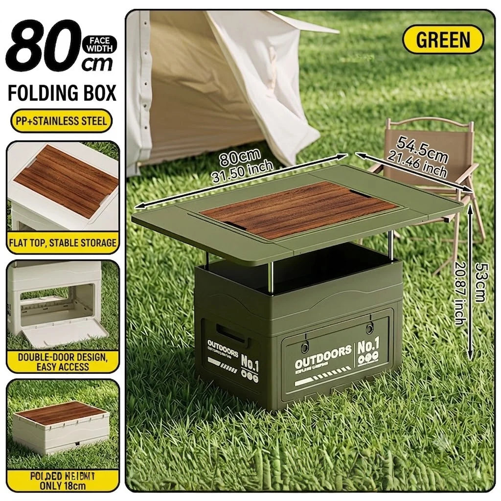 Large-capacity wooden cover foldable storage box for outdoor camping storage box table integrated vehicle camping trunk Oasis Select green-Large