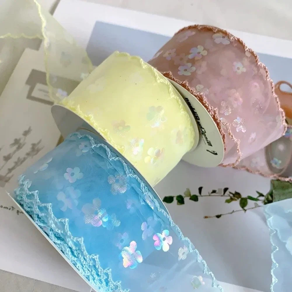 New 10 Yards Silk Ribbon Gift Wrapping Bouquets 4cm Gifts Packaging Material Wave Edge Pleated Chiffon Ribbon Oasis Select