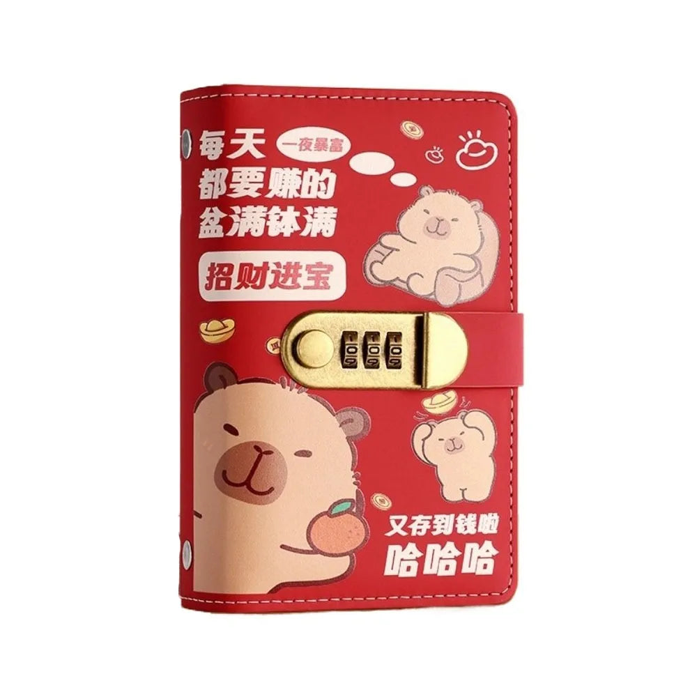 Cartoon Capybara Saving Money Binder PU Leather with Password Lock Planner Organizer Savings Handbook Cash Envelopes Oasis Select Style A Red