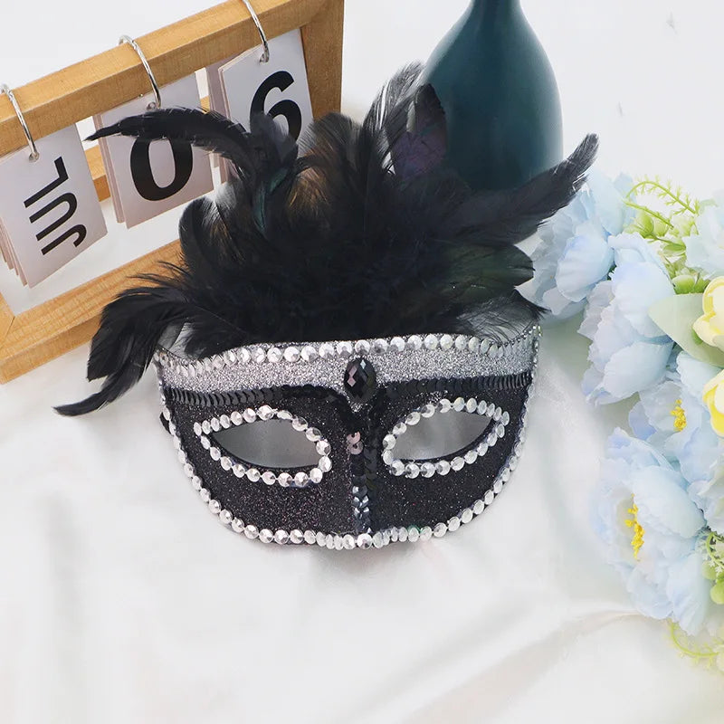 Halloween Phoenix Tail Feather Mask Rhinestones Glitter Half Face Masks Sexy Masquerade Ball Eye-Mask Cosplay Costume Party Deco Oasis Select Black