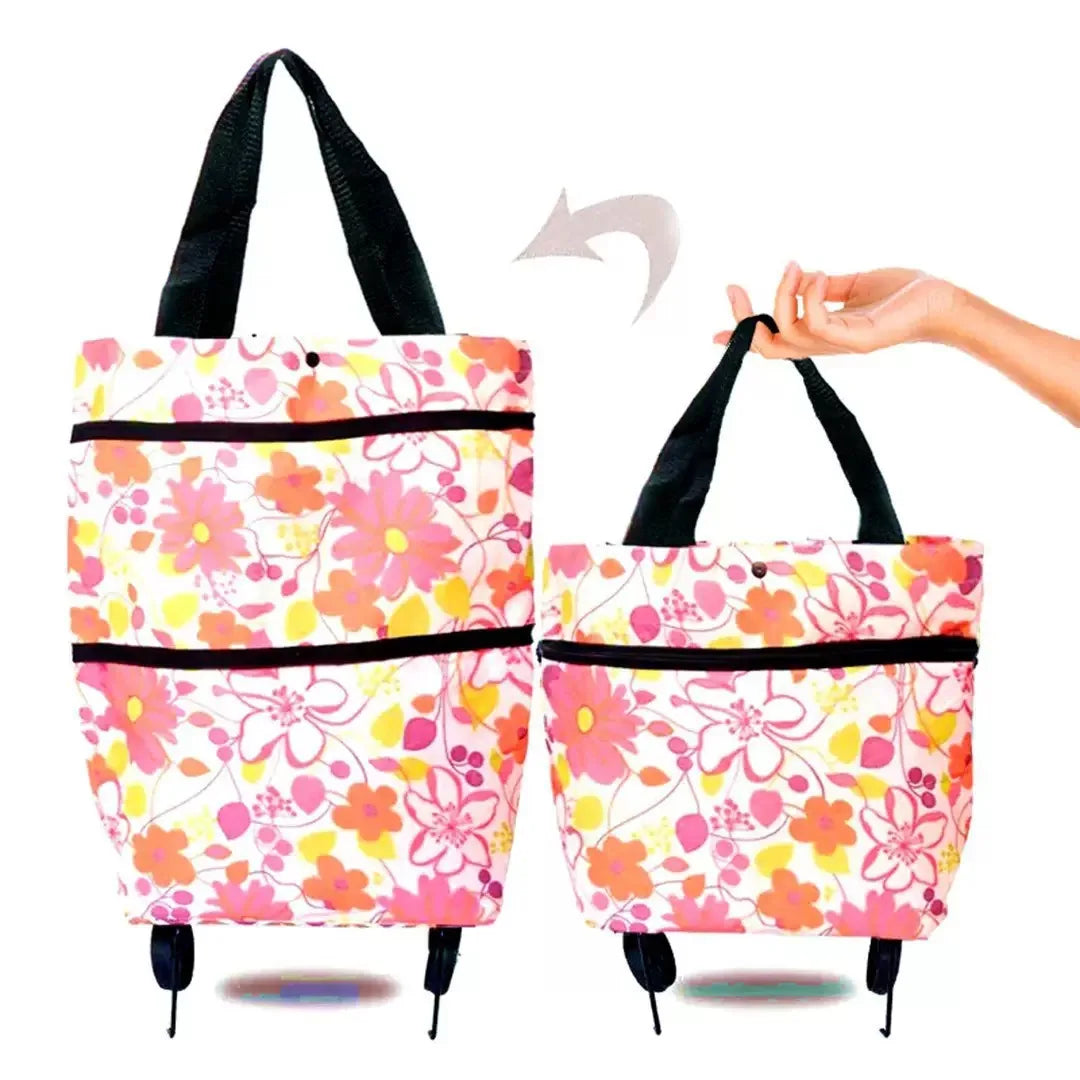 1pc Foldable Handbag, Small Trolley Large Supermarket Shopping Bag, Hand-drawn Grocery Cart Portable Bag Oasis Select Pink flowers