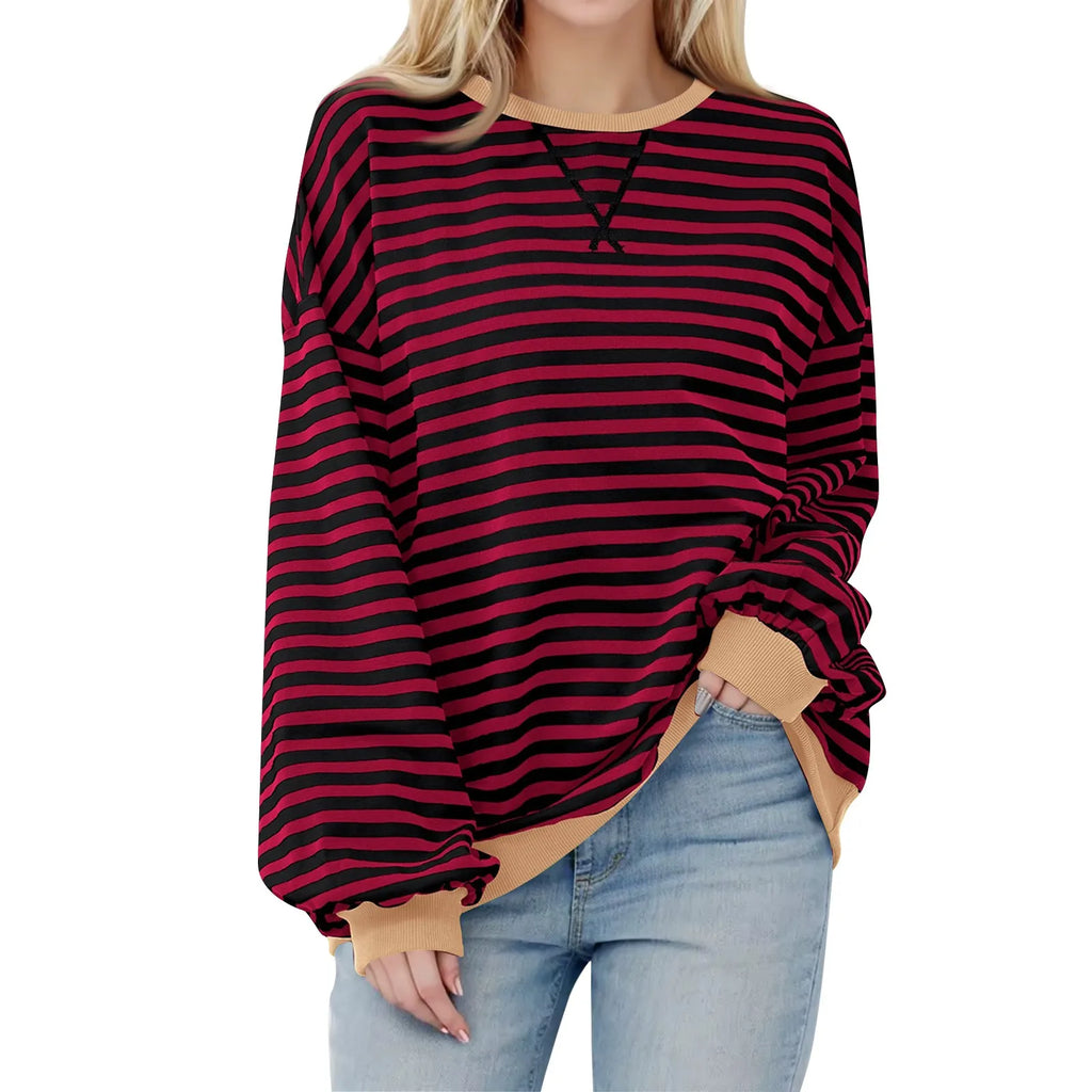 Women's Oversized Striped Long Sleeve T-Shirt | Korean Style Women's Casual Top Oasis Select Wine XL