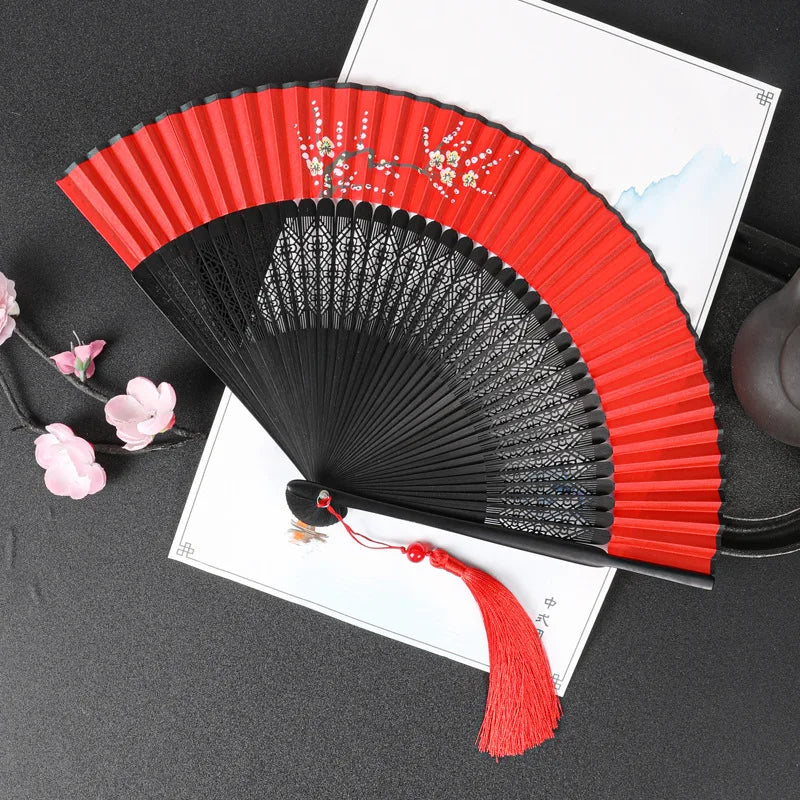 Chinese Style Folding Folding Fan Change Color With Tassel Dance Fan Silk Cloth Bamboo Summer Oasis Select Red 1