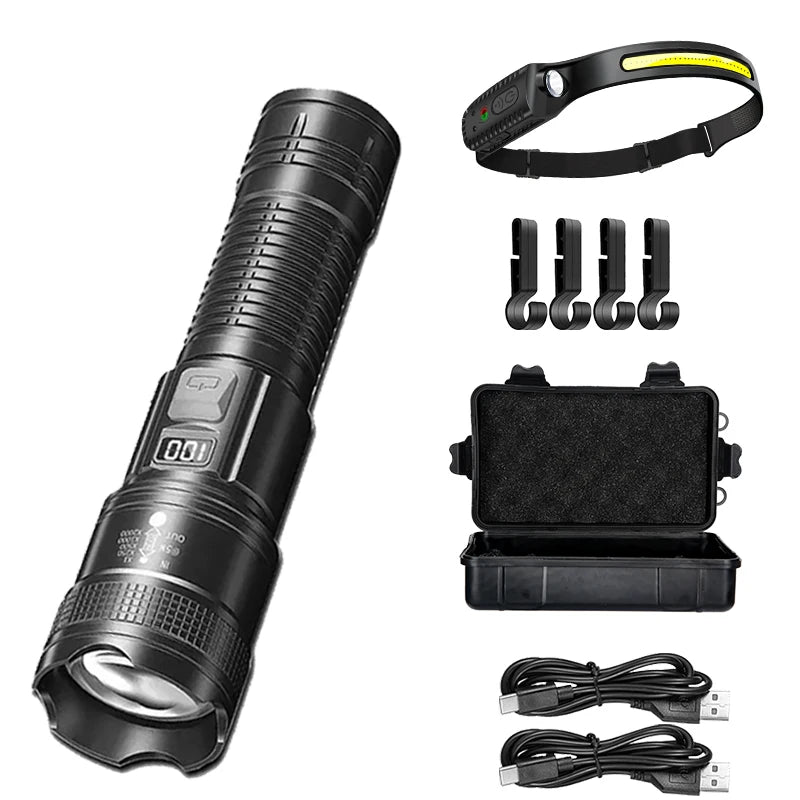 High Strong Power Led Flashlights 2000LM Tactical Torch with Display Light USB Charging Camping Fishing Emergency Zoom Lantern Oasis Select Package List A ZOOM