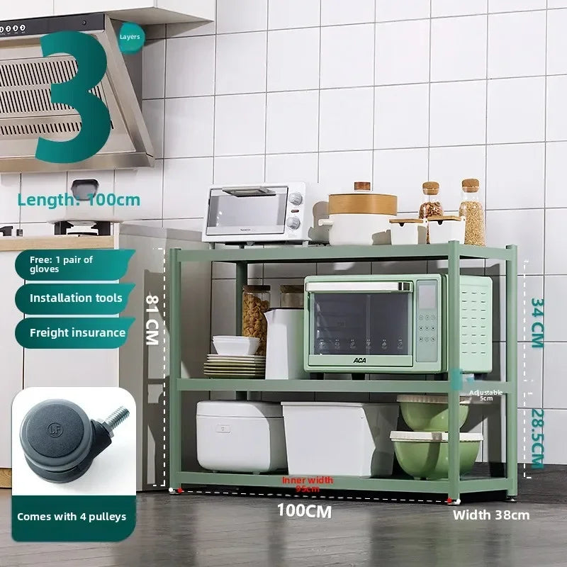 Multi-functional Kitchen storage rack Floor-to-ceiling multi-layer storage rack Stainless steel microwave oven rack Pot rack Oasis Select Green-3-100
