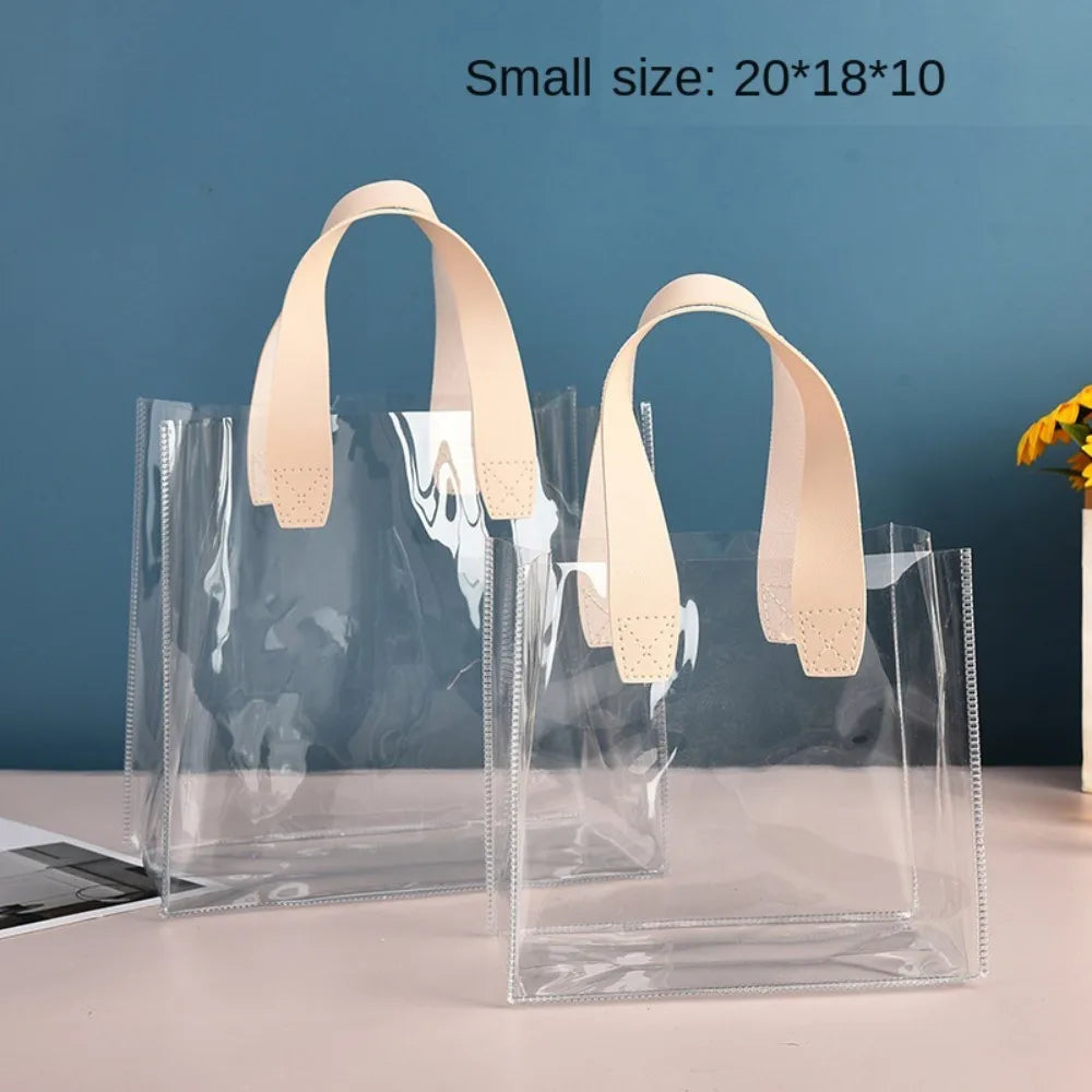 Large Capacity PVC Clear Tote Bag Transparent Handle Transparent Shopping Bags Waterproof Storage Bag Oasis Select -Small Beige