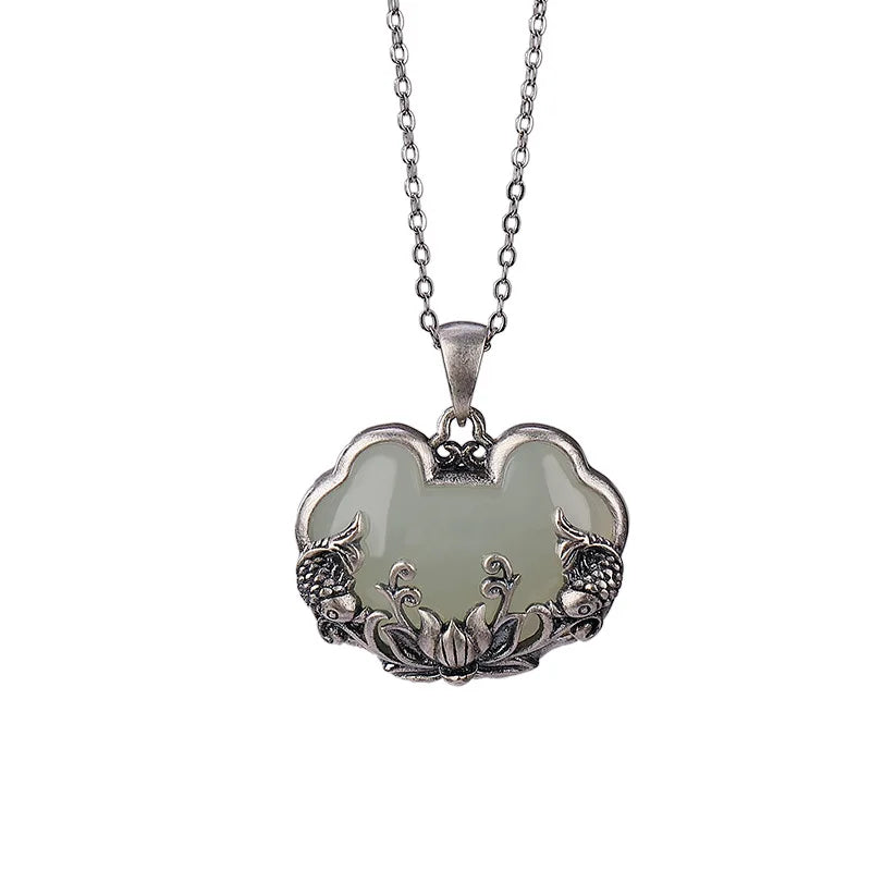 Cloud Pendant Necklace Double Fish Lotus Embossed Vintage Chinese Style Neck Jewelry Elegant Daily Outfit Matching Gift Oasis Select
