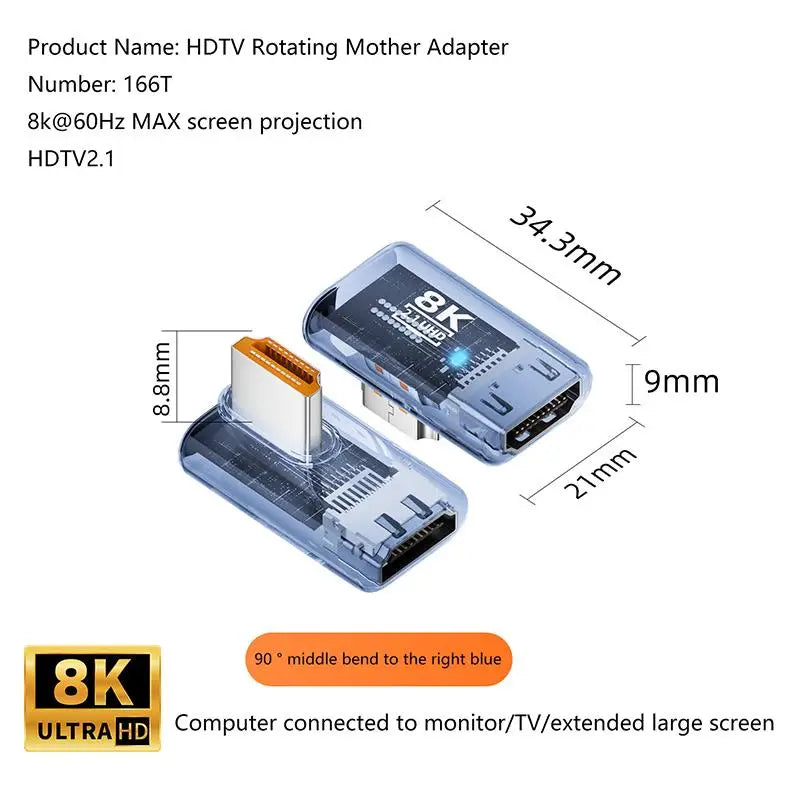 HDMI 2.1 Male To Female Adapter 8K@60Hz Male To Female Connector Up Down Angle 90 270 360 Degree For HDMI Cable PC Laptop HDTV Oasis Select K1