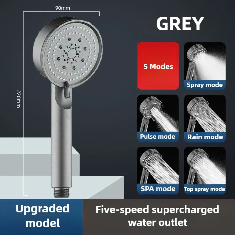 5 Mode Pressure Boost Shower Head Multifunction Adjustable Large Water Yield Shower Nozzle Massage Shower Bathroom Accessory Oasis Select grey shower head
