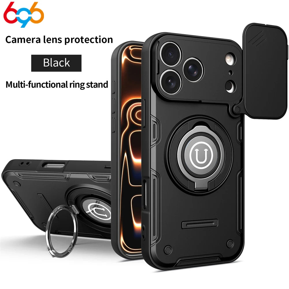 Magnetic Ring Stand Back Cover Shockproof Power Slide Camera Lens Protection For IPhone 17/16/15 Pro Max Cases 17Pro 16Pro 15Pro Oasis Select BK iPhone 15