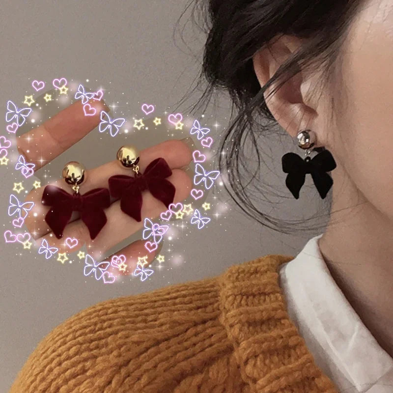 1pair Vintage Black Red Flocking Earrings Geometric Bowknot Stud Earrings For Women Fashion With Jewelry Accessories Oasis Select