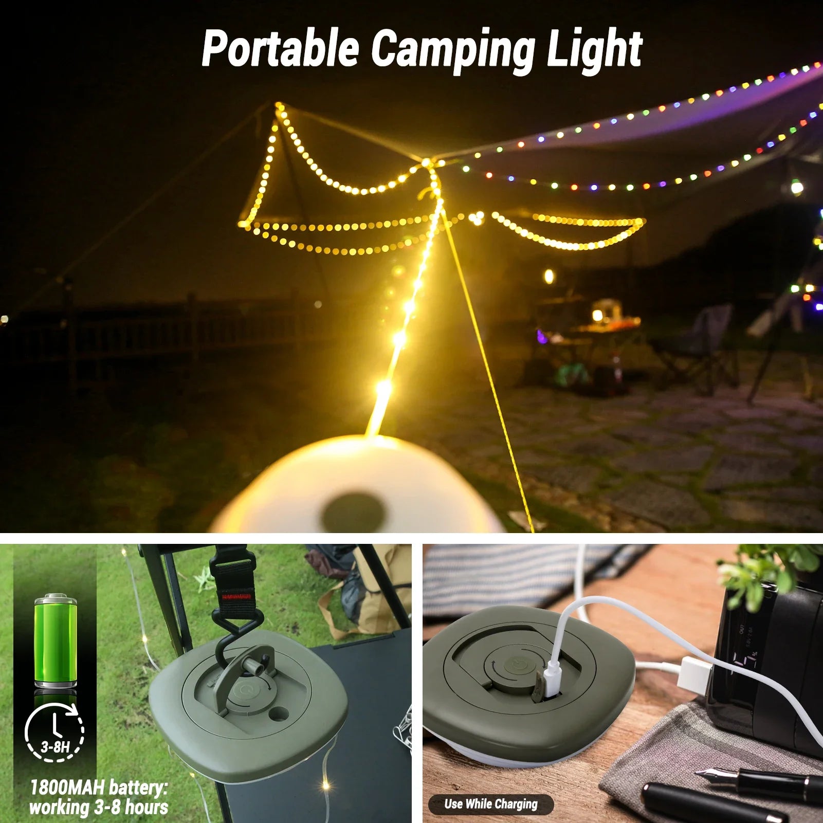 Camping String Lights,33Ft Light with Lanterns (2 in 1 Design),Camping Lights 2000mAh,IPX6 Waterproof,Rechargeable Flashlights Oasis Select