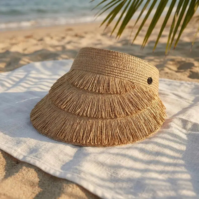 Straw Hat Women Summer Fashion Fringe Sun Protection Wide Brim Lightweight Designer Brand Adjustable For Beach Activities Oasis Select