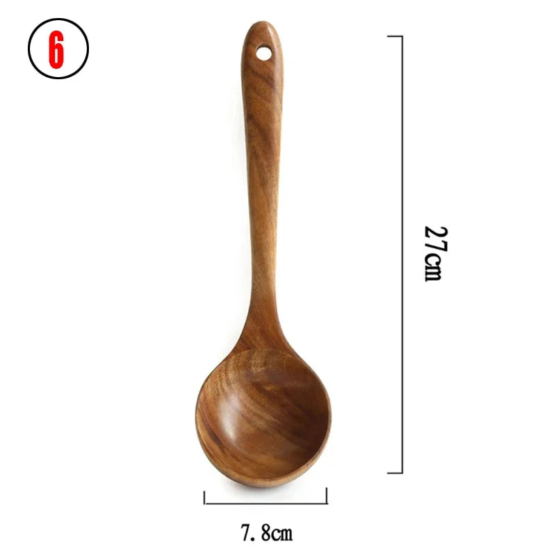 7pcs/set Teak Natural Wood Tableware Spoon Ladle Turner Rice Colander Soup Skimmer Cooking Spoon Scoop Kitchen Reusable Tool Kit Oasis Select 6