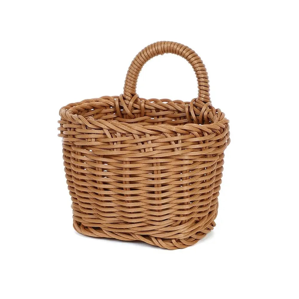 Imitation Rattan Kitchen Storage Basket with Handle Brown Hand-woven Hanging Baskets Home Decoration Living Room Oasis Select 4