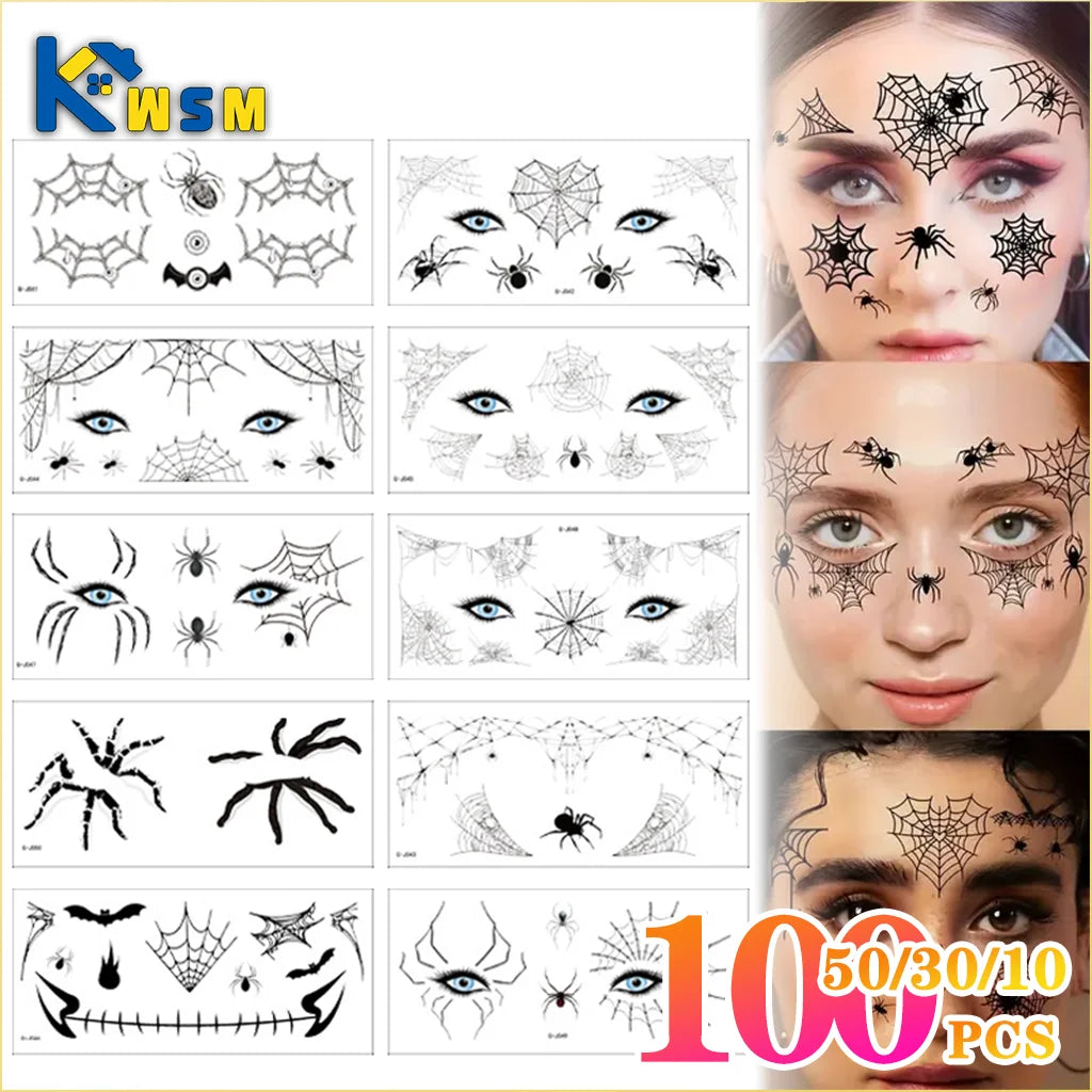 10-100PCS Halloween Spider Face Temporary Tattoo Stickers Black Bat Scary Fake Body Art for Kids Adults One Time Use Waterproof Oasis Select