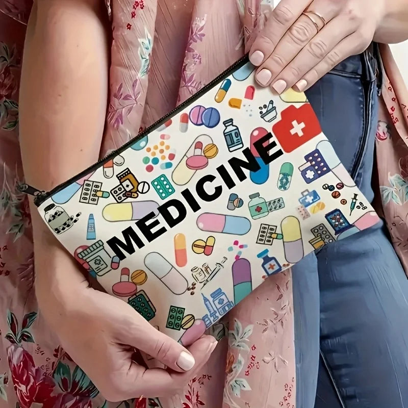 Medicine-Themed Cosmetic Travel Bag - Foldable Zippered Makeup Organizer, Gift for Healthcare Professionals, Cosmetic Bag Oasis Select