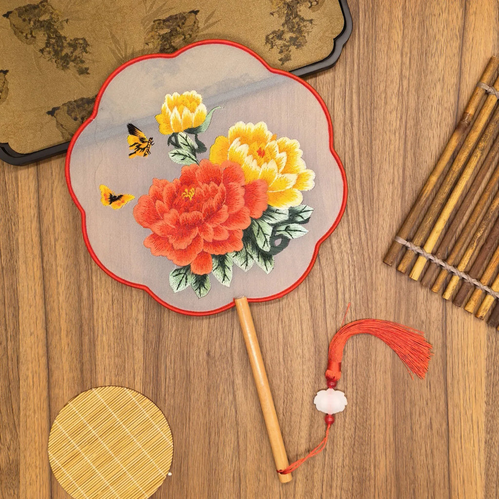Vintage Double Sided Embroidery Flower Shape Hand Fan Chinese Palace Hanfu Floral Silk Hand Fan Craft Wedding Gift For Guests Oasis Select Style F