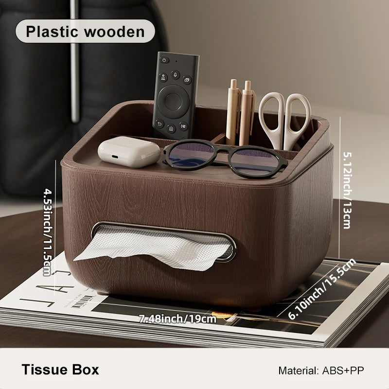 Paper towel holder and storage box-modern farmhouse style rectangular plastic box with paper towel holder Oasis Select Brown