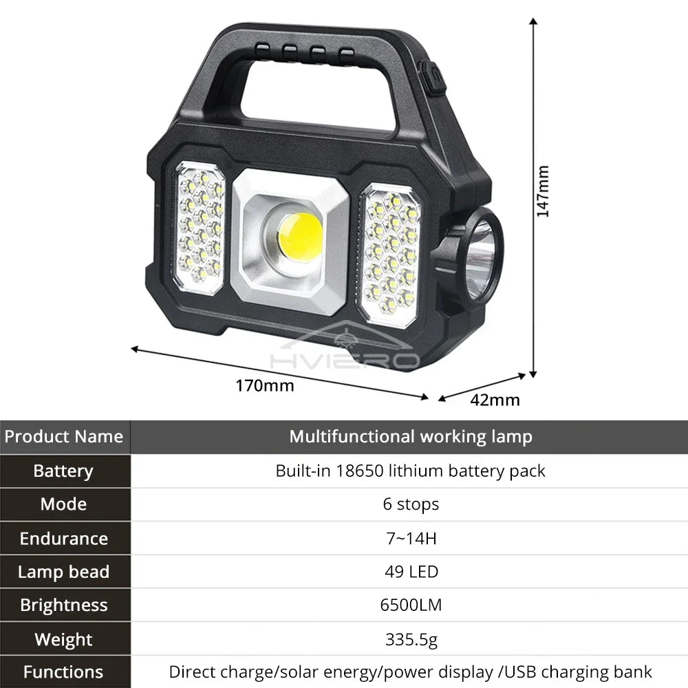 Solar COB Flashlight 6500LM | 6 Modes, Power Bank – HVIERO