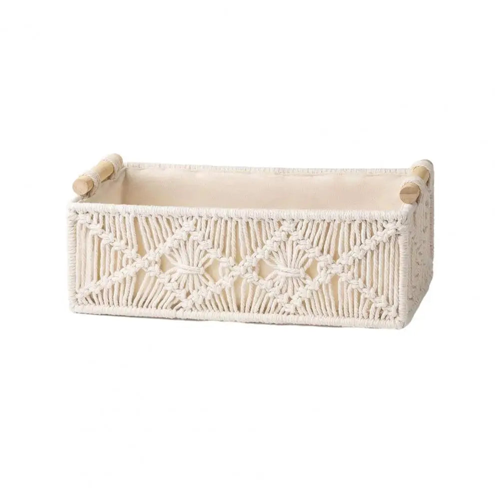 Storage Box with Wooden Handles Large Capacity Woven Design Basket Home Countertop Organizer for Cosmetics And Sundries Oasis Select White M