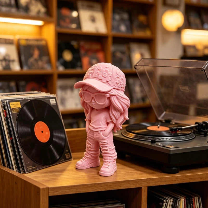 Ins Style Streetwear Girl Mini Statue 3D Printing Sunglasses Cap Trend Lady Figurine Ornament for Living Room Cafe Desktop Decor Oasis Select