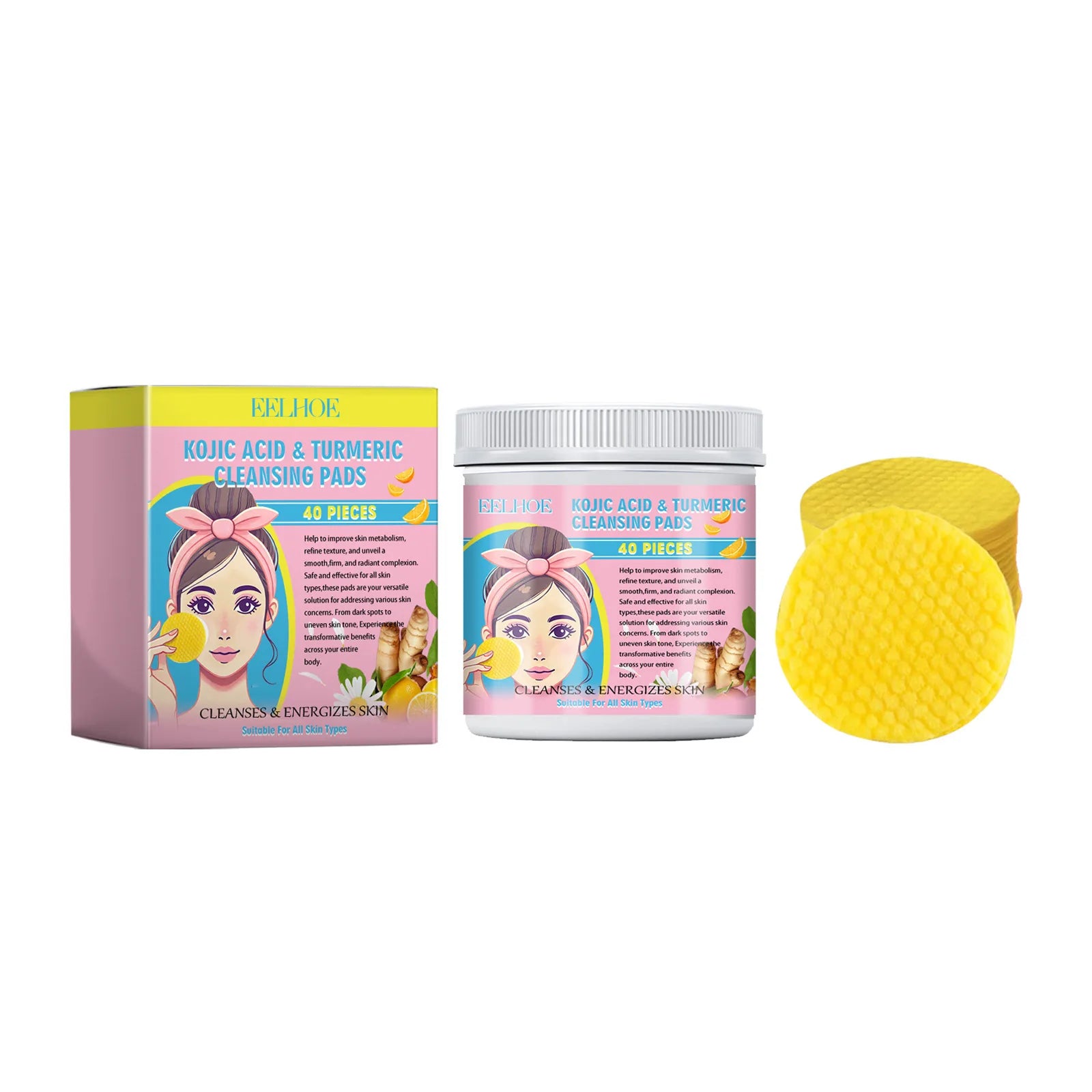 EELHOE Turmeric Kojic Acid Facial Cleansing Pads Cleaning Remover Pores Dirt Moisturizer Face Exfoliating Daily Clean Skin Care Oasis Select 40pcs
