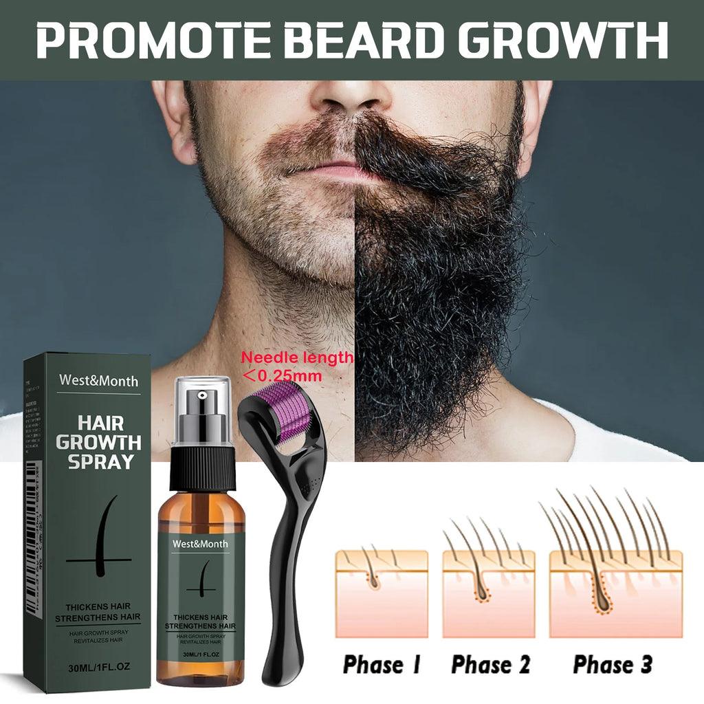 Men's Beard Spray Kit with Micro Roller 0.25mm Moisturizing Thicken Facial Hair Beard Boosting Essence Nourishing Spray Bear Oasis Select